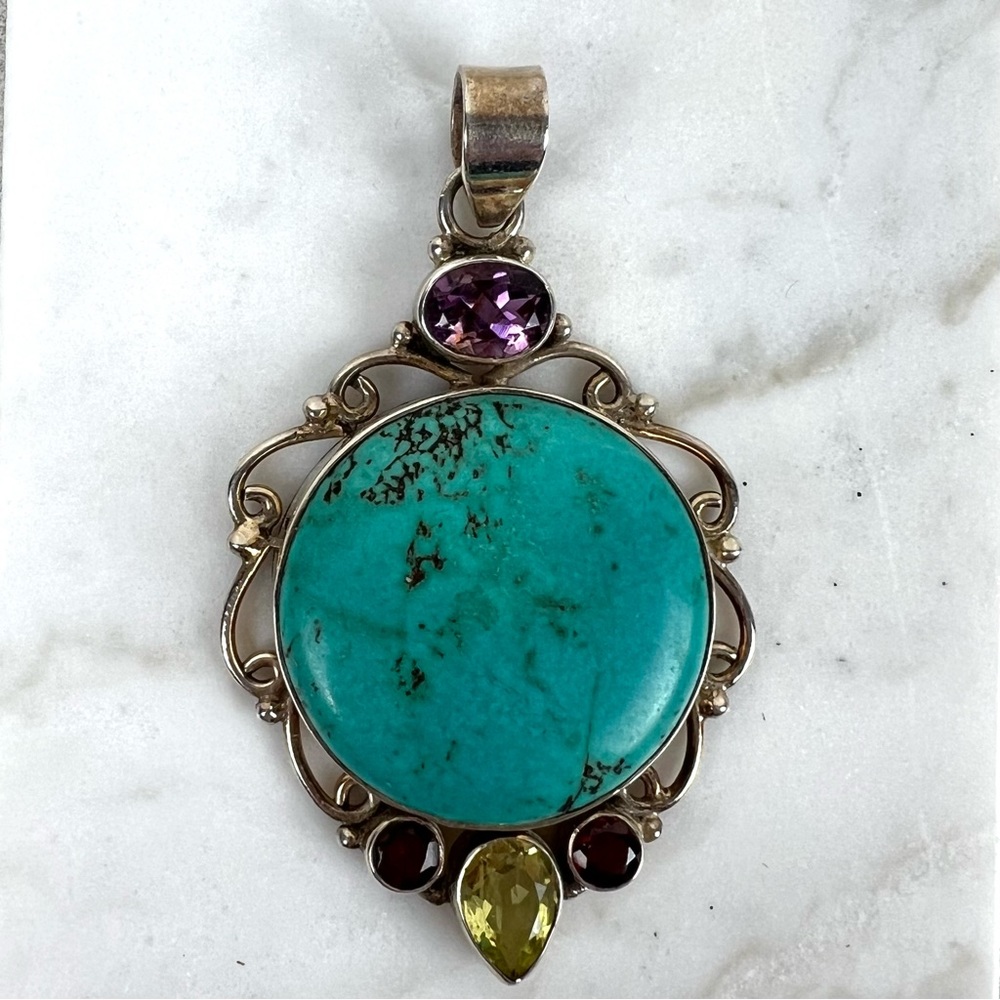 Turquoise Amethyst Garnet and Citrine Sterling Silver Pendant - Picture 3 of 7